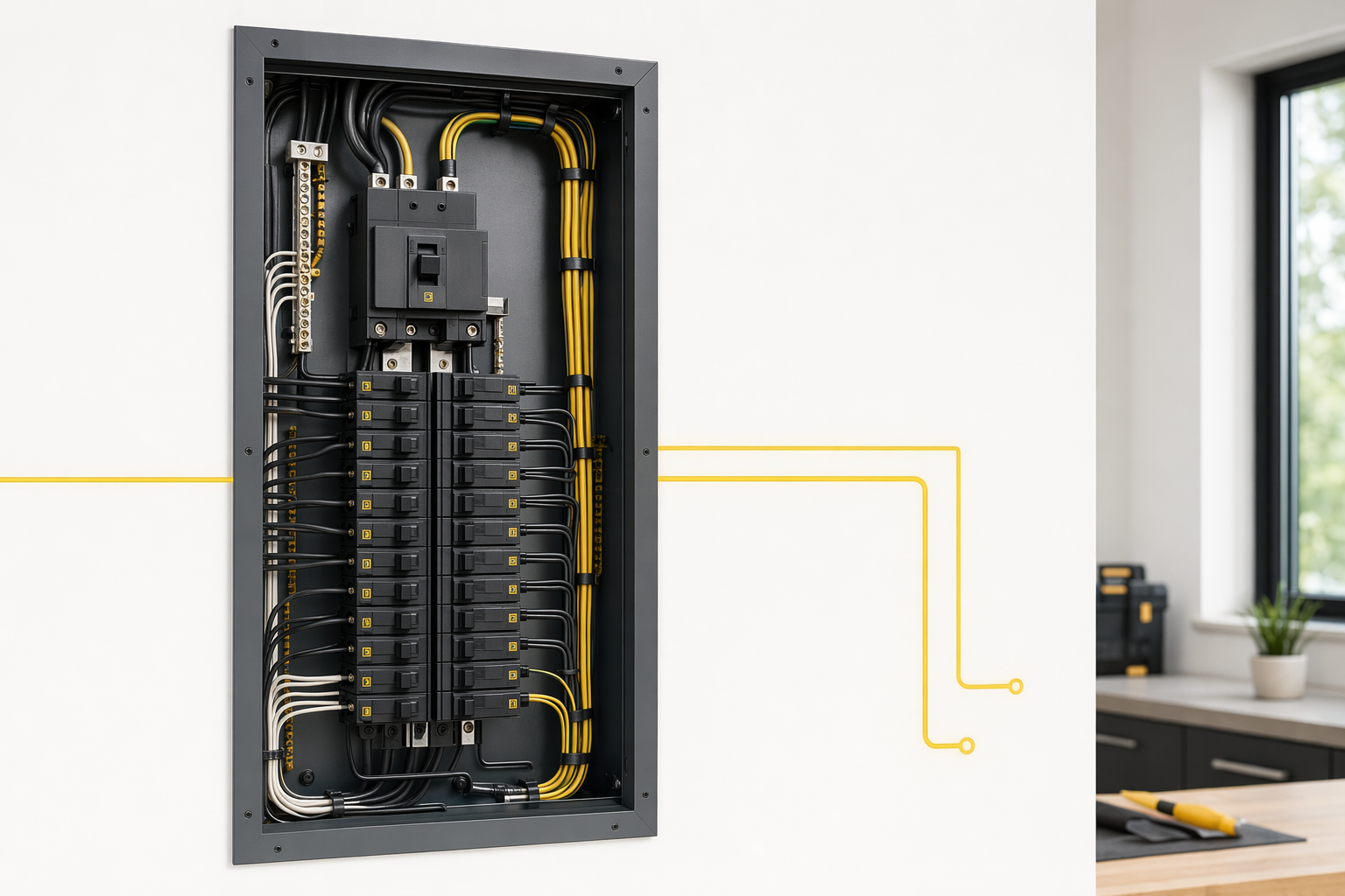 Illustration of a clean modern electrical panel with a circuit-line motif and a bright lightning-bolt mark